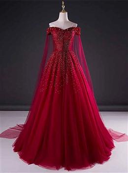 Picture of Wine Red Color Tulle Beaded Tulle Sparkle Long Prom Dresses, Dark Red Color Sweet 16 Gown